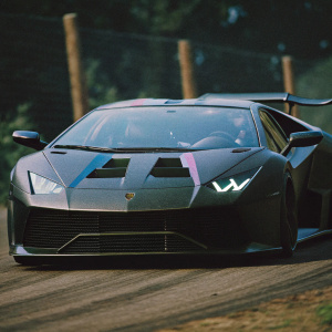 Custom iRacing-themed sleek racing car with Lamborghini Huracan GT3 EVO inspired design. Predominantly black with blue and purple accents. Futuristic front grille and aerodynamic elements optimized for high-speed racing.