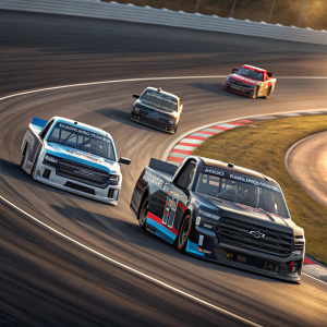 Multiple NASCAR trucks racing on a curvy track. The vehicles are in dynamic motion, showcasing a mix of black and silver exteriors with striking blue and red accents.