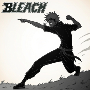 A black and white illustration showcasing a dynamic Bleach character with short, spiky hair in an intense pose. The detailed silhouette is set against a minimalistic, light background, emphasizing stark contrast. Title 'BLEACH' in bold font at the top.