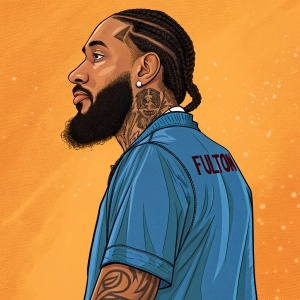 Digital illustration of Nipsey Hussle in vibrant cartoon style. Detailed facial features and beard. Orange background. Tattooed word 'Fulton' visible.