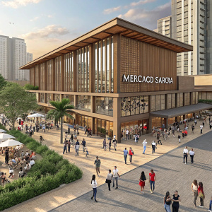 Digital rendering of Mercado Sabara project. Modern commercial building with brown exterior. Crowded plaza area with pedestrians.