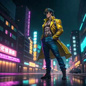 Jotaro Kujo from JoJo's Bizarre Adventure, dynamic poses, confident and determined look, standing in front of a neon-lit cityscape.