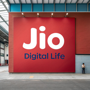 Digital ad for Jio Digital Life. Modern design, vibrant red background. Bold 'Jio' logo, 'Digital Life' in blue text.