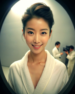 1girl, 20-year-old Korean actress Clara Lee Sung-min, with bun hairstyle, wearing an open white bathrobe, gallery: 1.2, collarbone, looking at the audience, ((turbulent)), ((perfect body proportions)), (panoramic view: 1.3) , beautiful and mature, wide-angle lens, grin, deep shadows, Emily Soto, <lora:DetailedEyes_xl_V2:1>, <lora:neg4all_bdsqlsz_xl_V7:1>, (super delicate oval face)), ((beautiful eyes with long eyelashes,((real Image quality)),((Leica RAW photo)),64k,((Fidelity:1.2)), ((Really fa