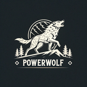 Powerwolf's logo, featuring a fierce running wolf, set against a black background with white accents. The name Powerwolf is boldly displayed beneath the graphic, embodying a modern and impactful design.