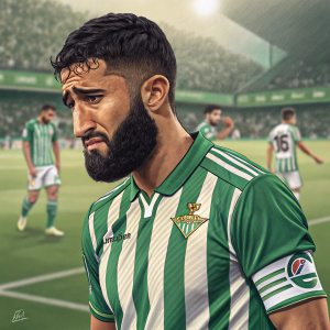 Nabil Fekir, wearing Real Betis jersey, frowning on the soccer field.