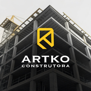 Modern logo design for ARTKO Construtora. Bold 'K' with geometric shapes. Black and yellow color scheme. Minimalist style.