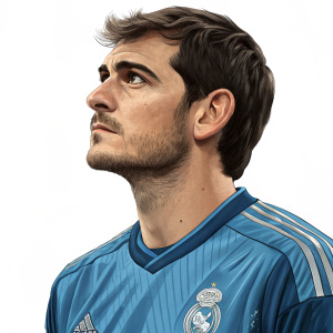 Iker Casillas, serious expression, in a blue soccer jersey. Digital graphic with focus on the subject against a plain white background. Emphasizing professionalism and dedication.