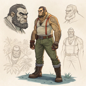 Illustration of Fidel Ramon, a monster character, surrounded by sketches of his face, body, and attire.