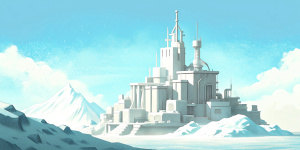 White illustration,  surrealism style, structural aesthetics, a lot of sophistic metallic architecture, huge ocean and sky, white, grainy paper
