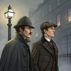 Sherlock Holmes and Dr. John Watson in Victorian London. Sherlock in a deerstalker cap and Inverness cape, John in a tweed suit. They stand beside a gas-lit streetlamp, surrounded by fog.