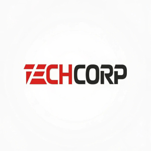Modern logo for TechCorp. Simple design with brand name in bold, sans-serif typefaces. Red and black color scheme. Intended for marketing and promotional materials.