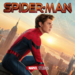Poster for Spider-Man movie, Peter Parker, in iconic pose, cityscape background, Marvel Studios logo prominently displayed
