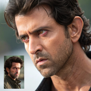 Close-up of Hrithik Roshan with an inset highlighting his serious expression and intricate facial details.