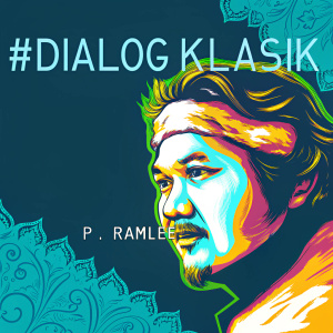 Stylized graphic design featuring P. Ramlee. Vibrant colors, including blue, pink, yellow, and more. Dark background with intricate traditional patterns. '#DialogKlasik' at top, blending traditional and modern elements.