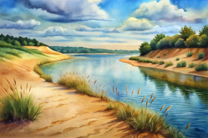 the riverbank is sand grass and the river is wide