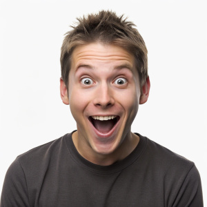 Young man with short hair with surprised face with open mouth smiling
