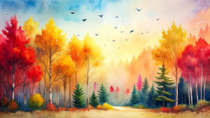 A clearing in the middle of a dense autumn forest - red, gold, crimson. Clear, cloudless azure sky. Yellow birches. Dark green spruce. Maples. Oak trees. Pines. Shrubs. Kick it. The ground is completely covered with fallen leaves. A flock of starlings is flying in the sky.