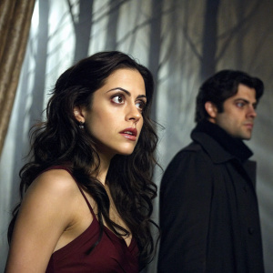 Brittany Murphy with long dark hair, shocked expression. Dark-haired man beside her, partly hidden. Textured drapes create shadowy effect. Mysterious and gloomy atmosphere.