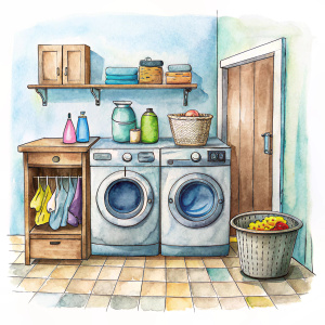 Hand drawn Laundry room cartoon vector illustration clipart white background
