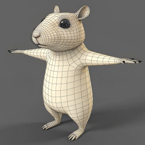 Digital 3D model of a hamster-like creature. Wireframe design, standing with arms stretched out. Gray background.