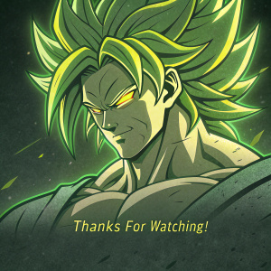 Digital artwork featuring Broly from Dragon Ball. Bright green color scheme. Broly's face with yellow highlights. Symmetrical design. Thanks for watching! in neon font at the bottom.