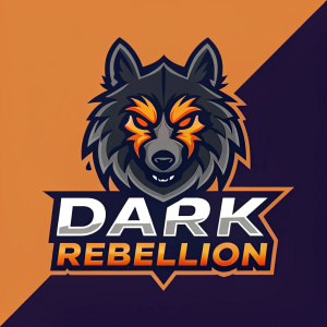 Digital illustration of a fierce wolf's head logo for Dark Rebellion. Orange and dark purple hues. Bold orange text 'DARK REBELLION'. Modern and graphic design.