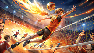 Volleyball player spiking at full speed against a full team haikyuu high quality real life superralistic hyperrealistic CVR 