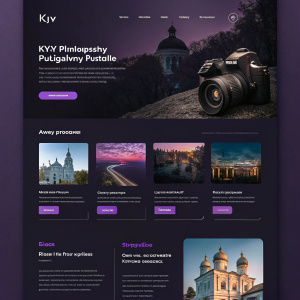Homepage of Kyiv's photography portfolio. Dark background, purple highlights, sleek layout, showcasing best photos and services.