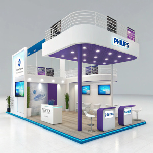 Modern trade show booth for Philips, featuring sleek, multi-level design. Dominated by white, blue, and purple hues. Includes seating areas and product showcases. Focused on highlighting Philips' innovative tech. 3D render showcases clean, contemporary aesthetics.