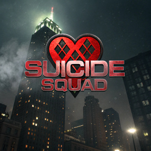 An intricate logo design for Suicide Squad featuring a vibrant red and black heart emblem. The title 'Suicide Squad' is displayed in a sleek, modern font. Dark and moody backdrop.
