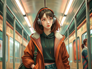модная девушка подросток 16 лет, прямые темные волосы короткие до плеч, наушники, свободная темная одежда оверсайз, летом  в метро