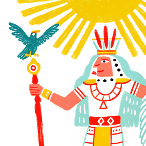 Digital illustration of Huitzilopochtli, the Aztec sun and war god. Depicted in a flat illustration style, vibrant and detailed. Colors include green, red, yellow, and white. He is shown with eagle symbolism and warrior attire.