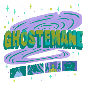 A vibrant poster showcasing Ghostemane's logo in bold, stylized font. Background features a swirling galaxy design with smaller images depicting various aspects of the band's unique aesthetic.
