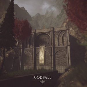 A majestic 3D rendering set in the realm of Godfall. A grand stone structure, featuring intricate arches and a banner, stands against a backdrop of towering, rocky mountains. The scene is veiled in a misty atmosphere with a blend of red and green foliage. The textures of the stone and foliage are meticulously detailed, enhanced by dynamic lighting effects casting shadows and highlighting the architecture's ornate design. At the bottom of the image, the game's title, Godfall, is prominently displayed.