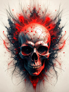 abstract expression black and red ink splatter line drawing Overlay of human skull Arrange the composition on a white background, not overflowing the frame.