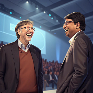 Bill Gates and Dayanidhi Maran laughing together during a panel discussion at a tech conference. Brightly lit stage with audience in background.