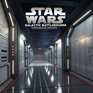 Digital art concept for Star Wars: Galactic Battlegrounds - Expanding Fronts. Futuristic hallway with metallic panels and mirrored floor. Top features Star Wars logo.