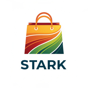 The Stark's logo features a vibrant, abstract design. A shopping bag silhouette with a handle atop, rendered in a mix of bold, warm, and cool hues including orange, yellow, and green. The brand name 'Stark' is displayed in a sleek, modern font below the graphic.