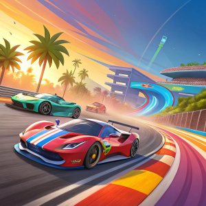 Digital advertisement for Sonic Racing game. Bright and colorful background with racing cars zooming around the track