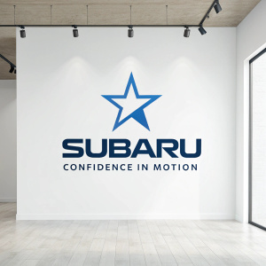 Modern Subaru logo design. Blue star and 'SUBARU' text. Below, 'Confidence in Motion' tagline. Simple white backdrop