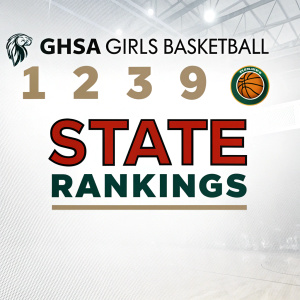 Graphic displaying GHSA Girls Basketball State Rankings. Clean white background. Digital numbers and logos in bold, modern font.