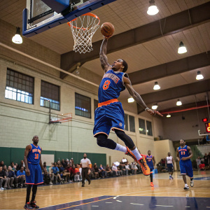 J.R. Smith, donning the #8 jersey of the Knicks, soars high above the court at a suburban community gym. His teammates and a sparse crowd hold their breath as he releases a shot during a local pickup game.
