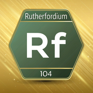 A vibrant illustration of Rutherfordium. Symbol 'Rf' and atomic number '104'. Shimmering gold background, sleek digital design