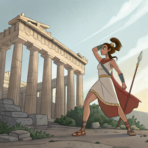 Digital illustration of a determined female figure, inspired by Greek mythology. Anime style. Standing in front of ancient Greek columns, she poses dynamically. Background: Greek temple ruins.