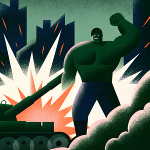 Illustration of the Incredible Hulk, flexing his massive green muscles. The background is a chaotic battlefield with fiery explosions and crumbling buildings.
