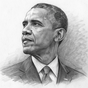 Realistic grayscale pencil drawing. Close-up of Barack Obama's face, former US President. Sketch-like texture on paper.