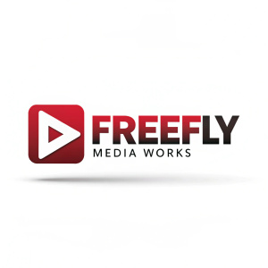 Logo for Freefly Media Works. Sleek design featuring a prominent play button icon on the left. Bold 'Freefly' and 'Media Works' text in red and black against a plain white backdrop.