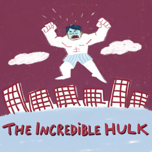 Digital illustration of Bruce Banner transformed into the Hulk. He's mid-torrent through a cityscape, flexing his powerful muscles with a fierce, determined look. The title 'The Incredible Hulk' emblazoned below in bold, red letters.