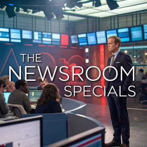 Promotional poster for 'The Newsroom Specials'. A bustling newsroom filled with diverse individuals, from various ethnicities and genders, all engaged in reporting. Man in a sharp suit stands center stage. Bright modern setting, with digital screens and advanced tech equipment.